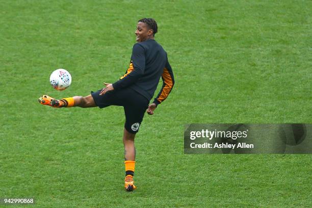Abel Hernandez of Hull City controls the ball whilst warming up during the Sky Bet Championship match between Hull City and Queens Park Rangers at...