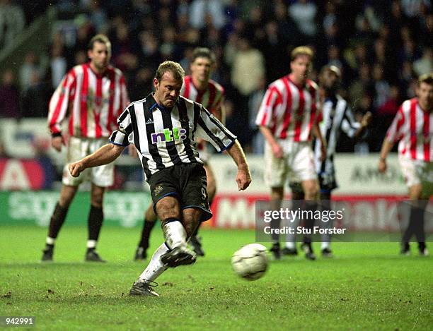Alan Shearer of Newcastle United misses from the penalty spot during the FA Carling Premiership match against Sunderland played at St James Park, in...
