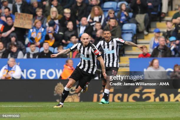 Jonjo Shelvey of Newcastle United celebrates after scoring a goal to make it 1-0 during the Premier League match between Leicester City and Newcastle...