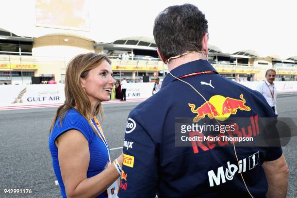 Geri Horner talks with husband Red Bull Racing Team Principal Christian Horner after taking part in the F1 Hotlaps in an Aston Martin Vanquish S...
