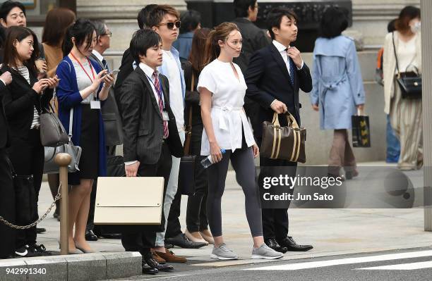 Alycia Debnam-Carey is seen filming on the streets of Nihonbashi on April 7, 2018 in Tokyo, Japan.