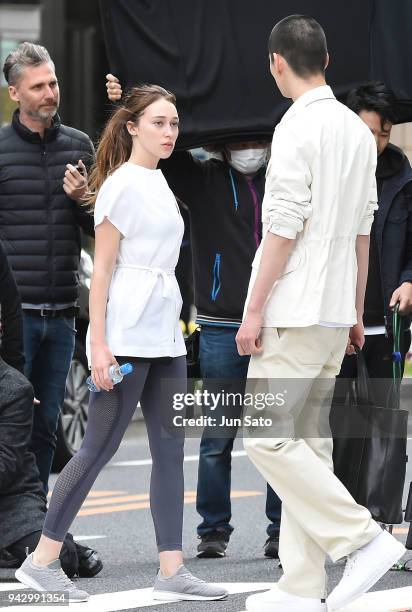 Alycia Debnam-Carey is seen filming on the streets of Nihonbashi on April 7, 2018 in Tokyo, Japan.