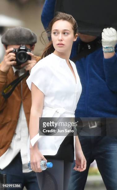 Alycia Debnam-Carey is seen filming on the streets of Nihonbashi on April 7, 2018 in Tokyo, Japan.