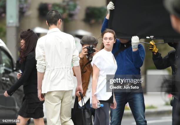 Alycia Debnam-Carey is seen filming on the streets of Nihonbashi on April 7, 2018 in Tokyo, Japan.