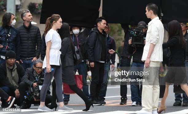 Alycia Debnam-Carey is seen filming on the streets of Nihonbashi on April 7, 2018 in Tokyo, Japan.