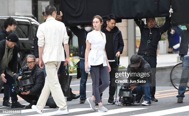 Alycia Debnam-Carey is seen filming on the streets of Nihonbashi on April 7, 2018 in Tokyo, Japan.