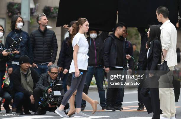 Alycia Debnam-Carey is seen filming on the streets of Nihonbashi on April 7, 2018 in Tokyo, Japan.