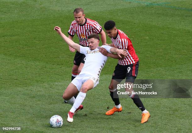 Lee Cattermole and Ashley Fletcher of Sunderland try to stop Kalvin Philips of Leeds during the Sky Bet Championship match between Leeds United and...