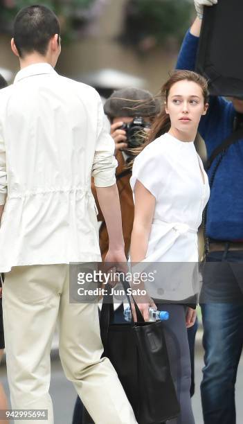 Alycia Debnam-Carey is seen filming on the streets of Nihonbashi on April 7, 2018 in Tokyo, Japan.