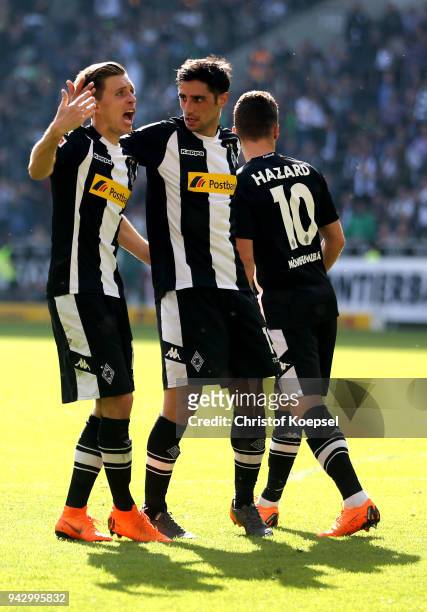 Patrick Herrmann of Moenchengladbach celebrates his first goal with Lars Stindl of Moenchengladbach but the goal is rejected during the Bundesliga...