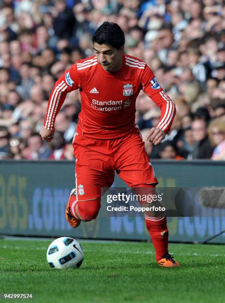 Luis Suarez of Liverpool in action during the Barclays Premier League match between West Bromwich Albion and Liverpool at The Hawthorns on April 2,...