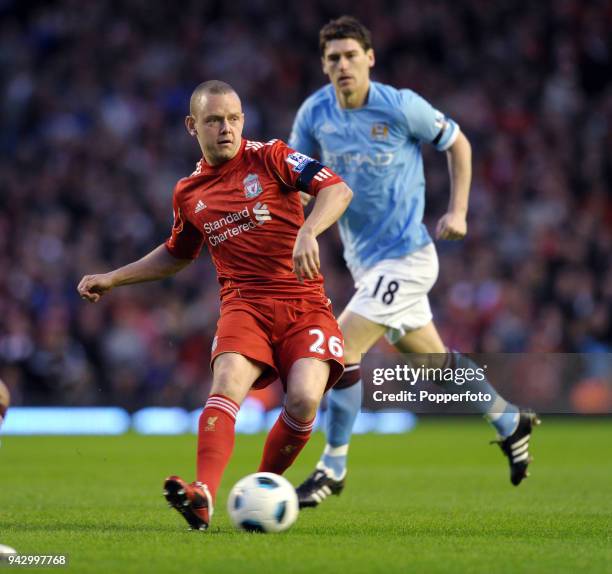 Jay Spearing of Liverpool in action during the Barclays Premier League game between Liverpool and Manchester City at Anfield on April 11, 2011 in...