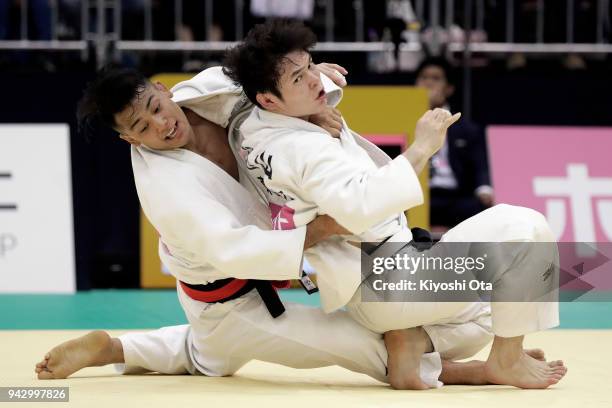 Rentaro Nogami competes against Tatsuya Komiyama in the Men's -73kg match on day one of the All Japan Judo Championships by Weight Category at...