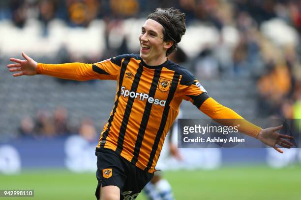 Harry Wilson of Hull City celebrates scoring during the Sky Bet Championship match between Hull City and Queens Park Rangers at KCOM Stadium on April...