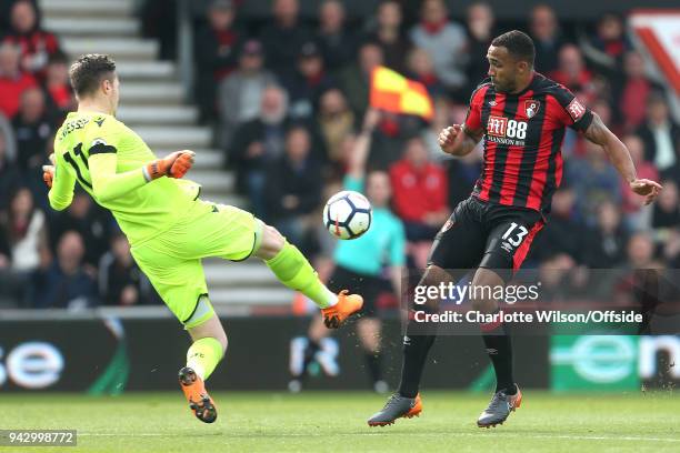 Crystal Palace goalkeeper Wayne Hennessey saves the shot of Callum Wilson of Bournemouth even though it is ruled offside during the Premier League...