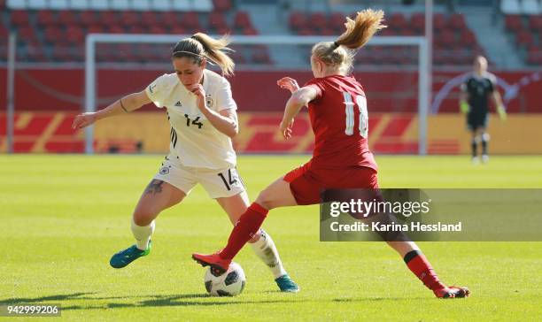 Anna Blaesse of Germany challenges Jika Chlastakova of Czech Republic during the 2019 FIFA Womens World Championship Qualifier match between Germany...