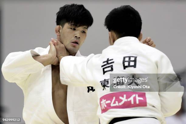 Shohei Ono competes against Yuhei Yoshida in the Men's -73kg match on day one of the All Japan Judo Championships by Weight Category at Fukuoka...