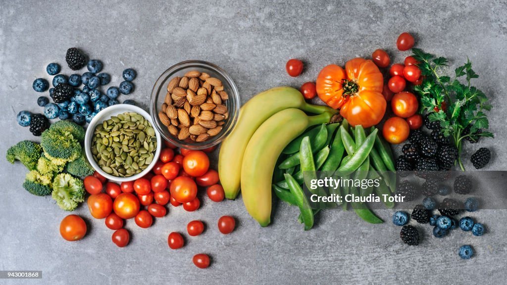 Fresh vegetables, fruits, and nuts