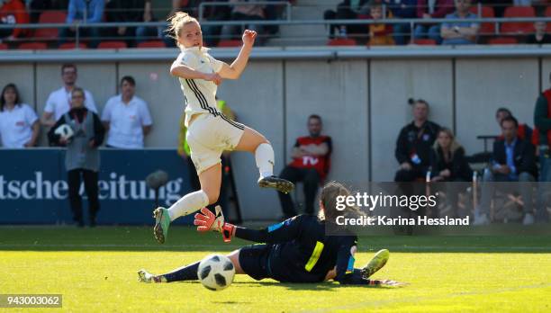 Leonie Maier of Germany challenges Goalkeeper Barbora Votikova of Czech Republic during the 2019 FIFA Womens World Championship Qualifier match...