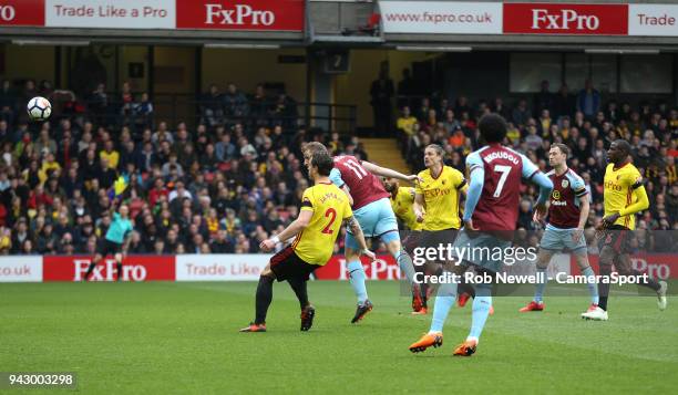 Burnley's Chris Wood finds the net but is ruled offside during the Premier League match between Watford and Burnley at Vicarage Road on April 7, 2018...