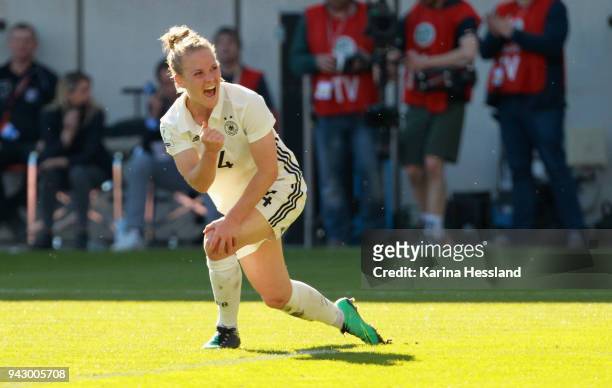 Leonie Maier of Germany celebrates the second goal by Lea Schueller during the 2019 FIFA Womens World Championship Qualifier match between Germany...