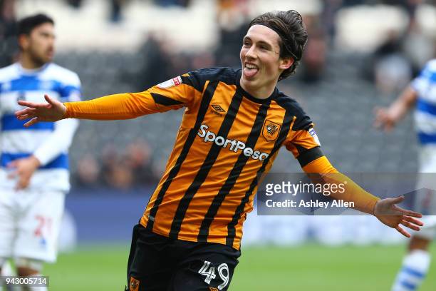 Harry Wilson of Hull City celebrates scoring during the Sky Bet Championship match between Hull City and Queens Park Rangers at KCOM Stadium on April...