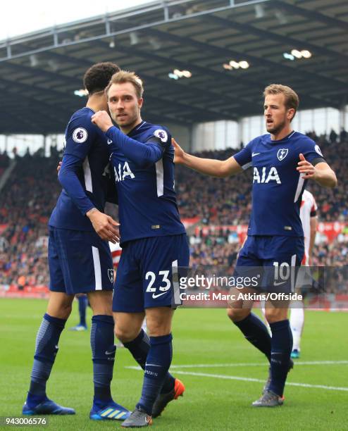 Christian Eriksen of Tottenham Hotspur celebrates scoring their 1st goal during the Premier League match between Stoke City and Tottenham Hotspur at...