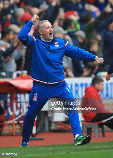 Paul Lambert manager of Stoke City celebrates during the Premier League match between Stoke City and Tottenham Hotspur at Bet365 Stadium on April 7,...