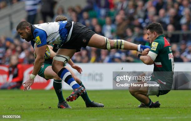 Taulupe Faletau of Bath Rugby and Matt Toomua of Leicester Tigers during the Aviva Premiership match between Bath Rugby and Leicester Tigers at...