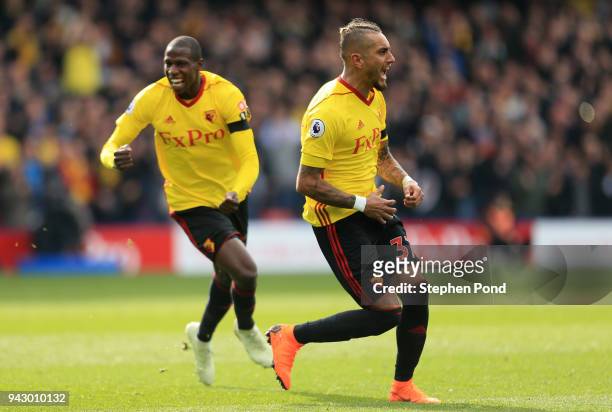 Roberto Pereyra of Watford celebrates after scoring his sides first goal during the Premier League match between Watford and Burnley at Vicarage Road...