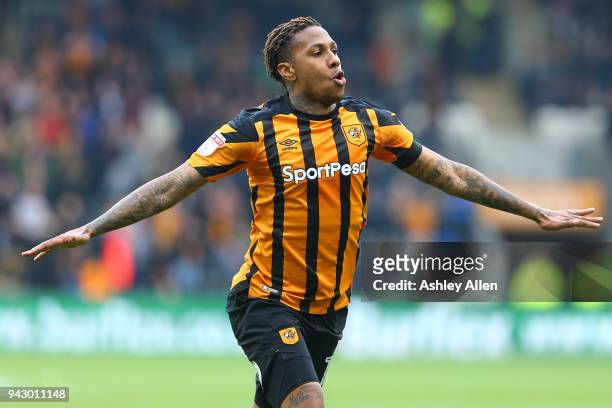 Abel Hernandez of Hull City celebrates scoring during the Sky Bet Championship match between Hull City and Queens Park Rangers at KCOM Stadium on...