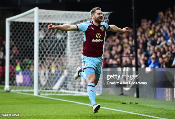 Sam Vokes of Burnley celebrates scoring his side's first goal during the Premier League match between Watford and Burnley at Vicarage Road on April...