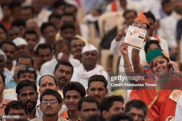 Workers and supporters during the grand celebration of party's 38th foundation day, at BKC ground, on April 6, 2018 in Mumbai, India. Addressing a...