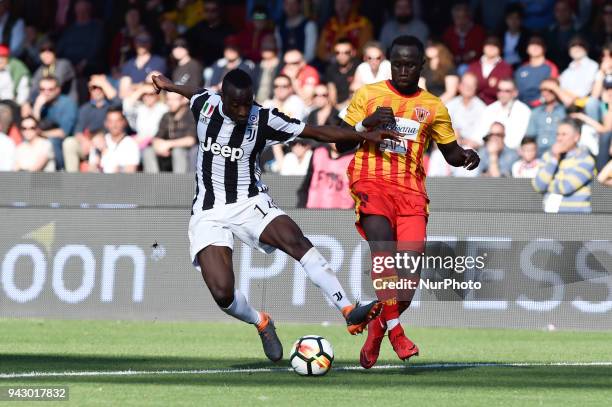 Blaise Matuidi of Juventus is challenged by Bakary Sagna of Benevento during the Serie A match between Benevento and Juventus at Ciro Vigorito...