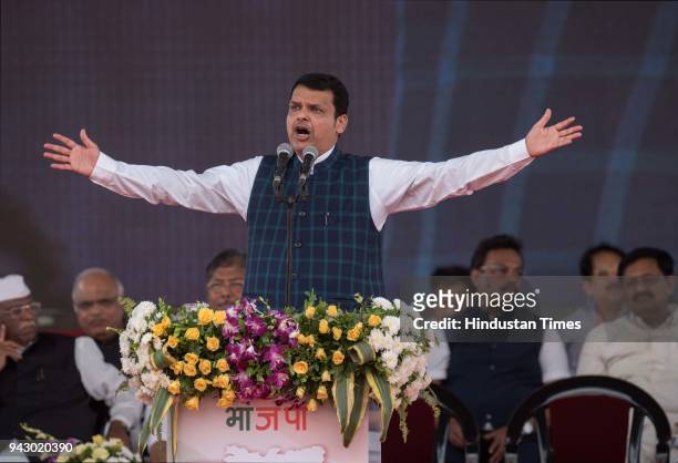 Chief Minister of Maharashtra Devendra Fadnavis during the grand celebration of party's 38th foundation day, at BKC ground, on April 6, 2018 in...