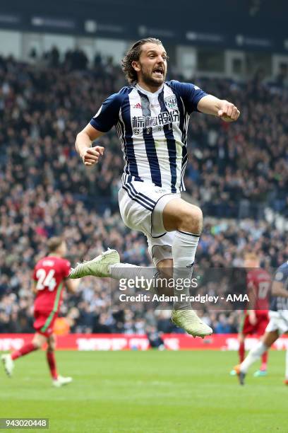 Jay Rodriguez of West Bromwich Albion scores a goal to make it 1-0 during the Premier League match between West Bromwich Albion and Swansea City at...