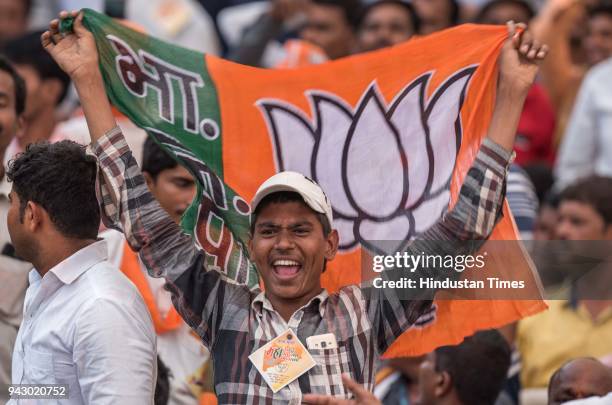 Workers and supporters during the grand celebration of party's 38th foundation day, at BKC ground, on April 6, 2018 in Mumbai, India. Addressing a...