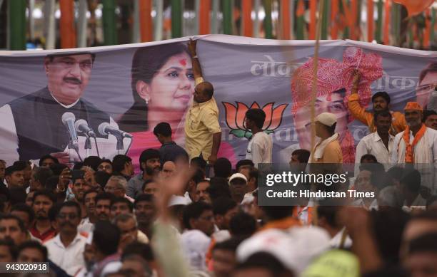 Supporters and workers during the grand celebration of party's 38th foundation day, at BKC ground, on April 6, 2018 in Mumbai, India. Addressing a...