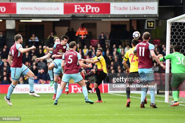 Jack Cork of Burnley scores his side's second goal during the Premier League match between Watford and Burnley at Vicarage Road on April 7, 2018 in...