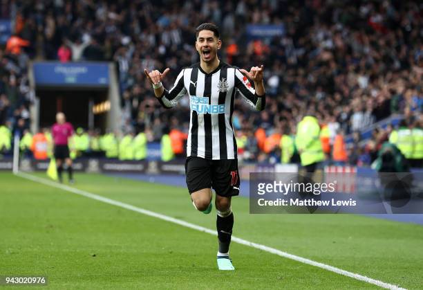 Ayoze Perez of Newcastle United celebrates after scoring his sides second goal during the Premier League match between Leicester City and Newcastle...