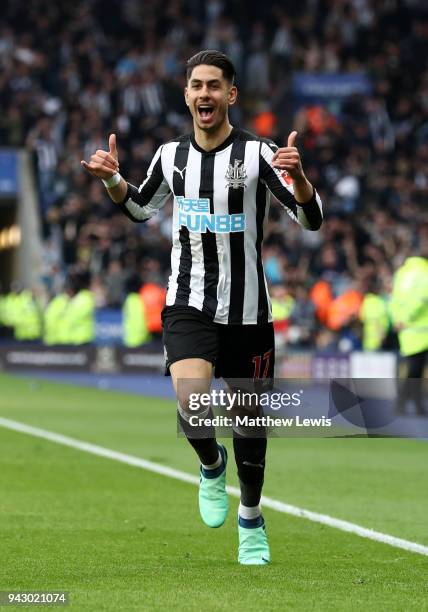 Ayoze Perez of Newcastle United celebrates after scoring his sides second goal during the Premier League match between Leicester City and Newcastle...