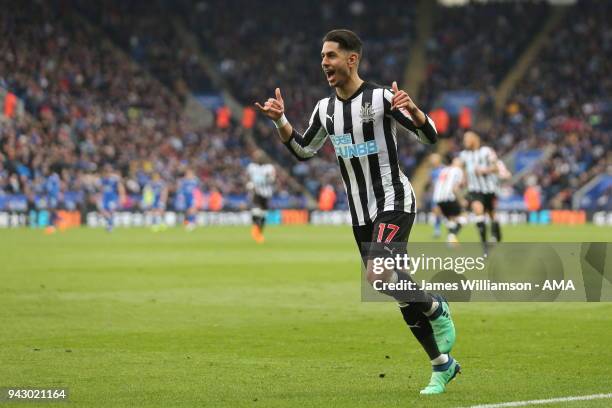 Ayoze Perez of Newcastle United celebrates after scoring a goal to make it 2-0 during the Premier League match between Leicester City and Newcastle...