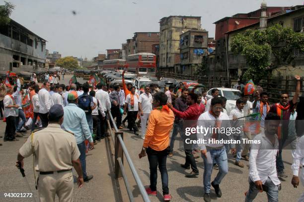 Supporters and workers during the grand celebration of party's 38th foundation day, at BKC ground, on April 6, 2018 in Mumbai, India. Addressing a...