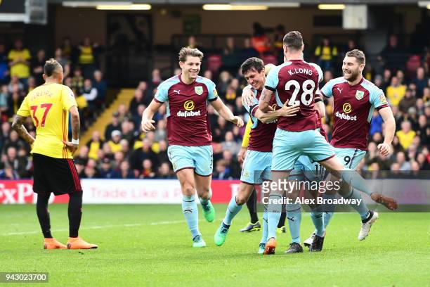 Jack Cork of Burnley celebrates scoring his side's second goal with Kevin Long during the Premier League match between Watford and Burnley at...