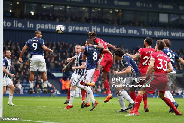 Tammy Abraham of Swansea City scores his side's first goal during the Premier League match between West Bromwich Albion and Swansea City at The...