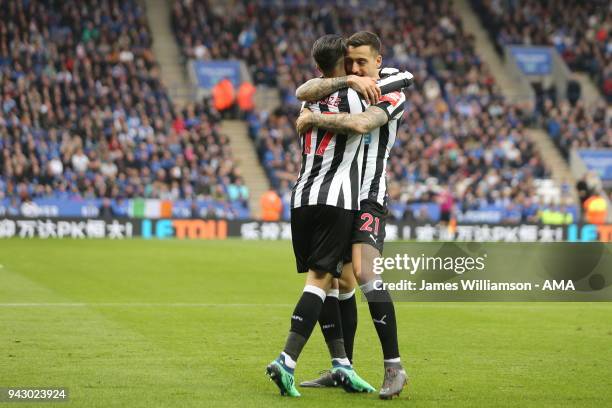 Ayoze Perez of Newcastle United celebrates after scoring a goal to make it 2-0 during the Premier League match between Leicester City and Newcastle...