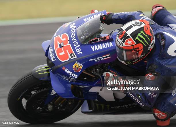 Spain's biker Maverick Vinales, rides his Yamaha during the MotoGP free practice of the Argentina Grand Prix at Termas de Rio Hondo circuit, in...
