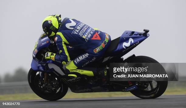 Italy's biker Valentino Rossi, rides his Yamaha during the MotoGP free practice of the Argentina Grand Prix at Termas de Rio Hondo circuit, in...