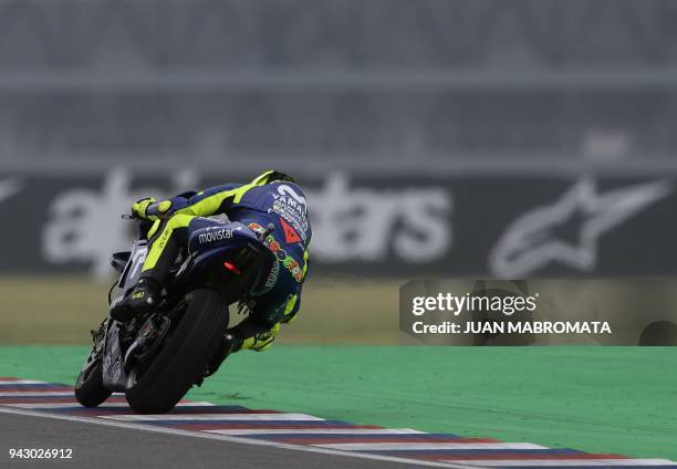 Italy's biker Valentino Rossi, rides his Yamaha during the MotoGP free practice of the Argentina Grand Prix at Termas de Rio Hondo circuit, in...