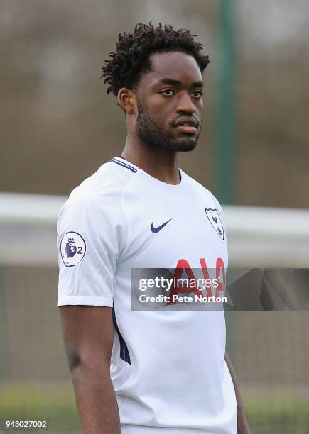 Christian Maghoma of Tottenham Hotspur in action during the Premier League 2 match between Tottenham Hotspur and Derby County on April 7, 2018 in...